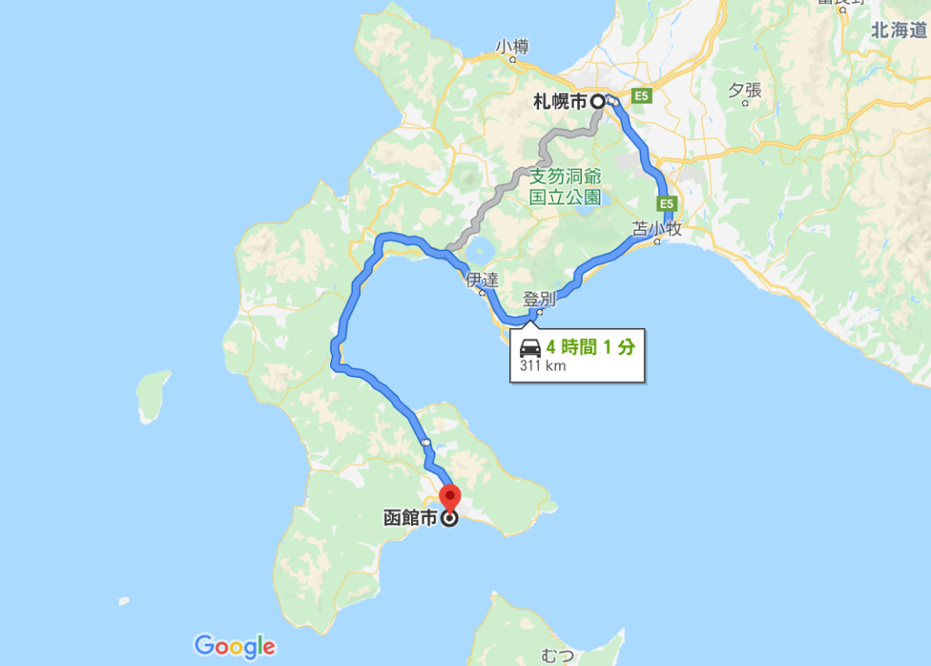 札幌から函館までのルート地図